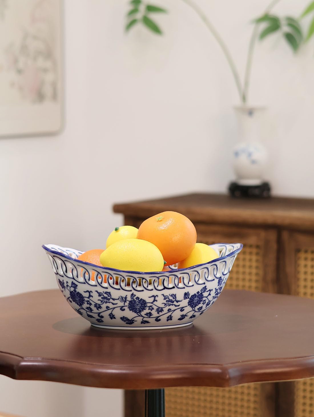 Blue and White Porcelain Hand-Painted Floral Fruit Bowl - Image 2