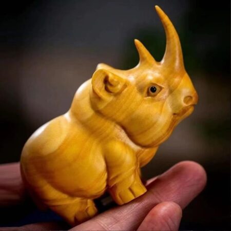 2-Piece Small Wood Carving Rhinoceros Figurine Set