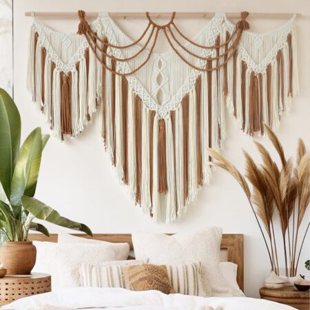 Brown and White Geometric Handwoven Macrame Tapestry 47x35