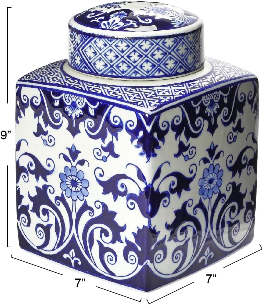 Square Blue and White Ceramic Ginger Jar with Lid - Image 2