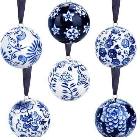 6-Piece Blue and White Chinoiserie Porcelain Christmas Ornament Set