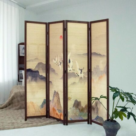 67x63 4-Panel Bamboo Room Divider with Landscape Pattern