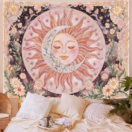 Sun Moon Daisy Boho Aesthetic Floral Tapestry 36x48