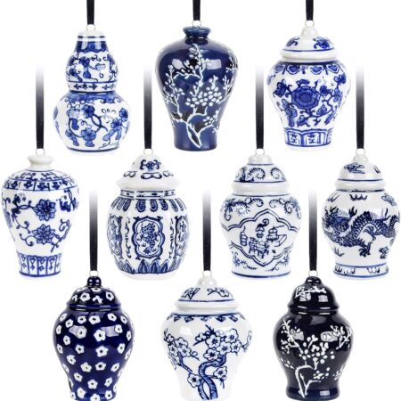 10-Piece Blue and White Porcelain Mini Ginger Jar Christmas Ornaments