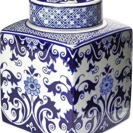 Square Blue and White Ceramic Ginger Jar with Lid