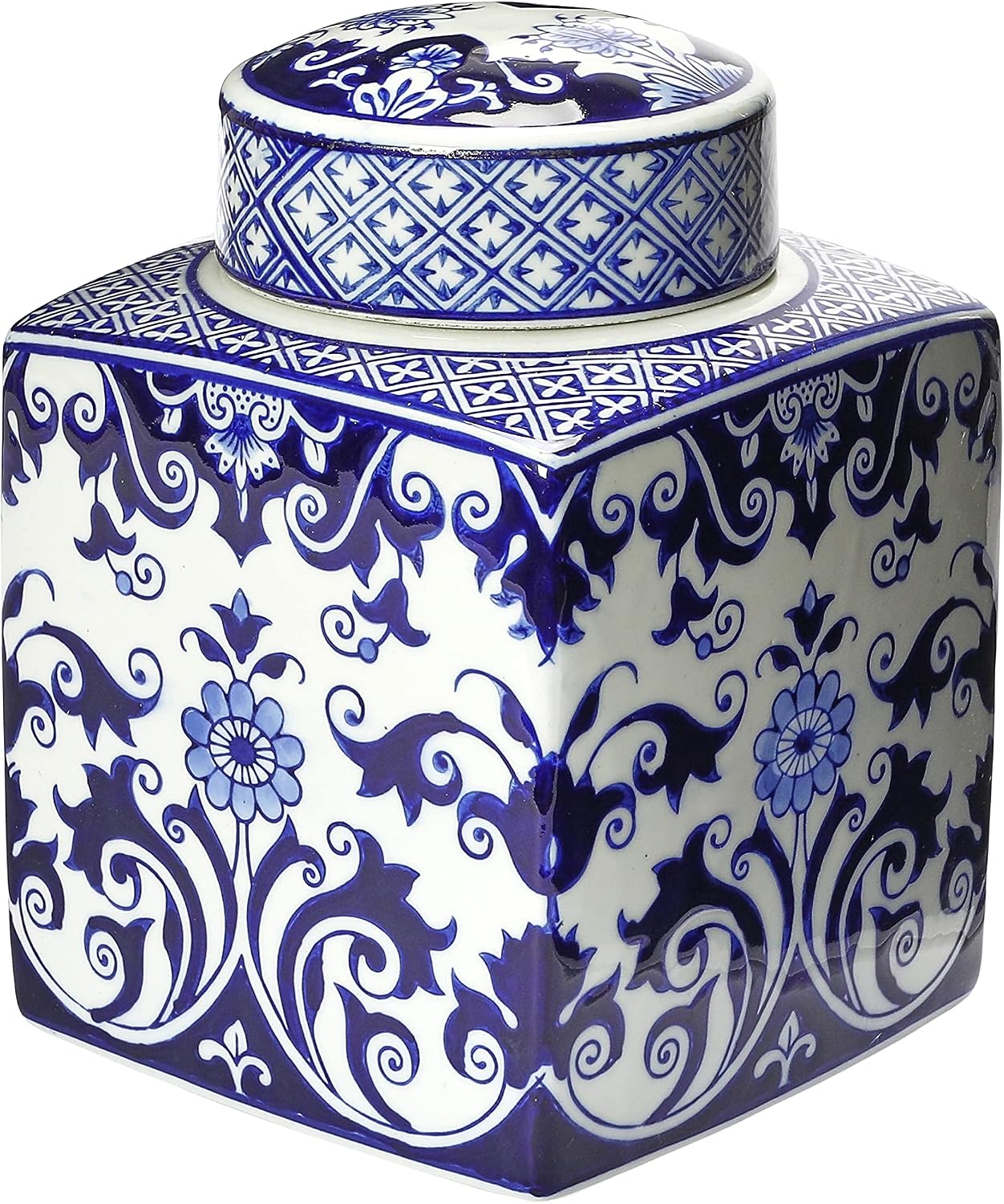 Square Blue and White Ceramic Ginger Jar with Lid