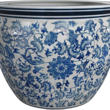 14-Inch Blue and White Floral Porcelain Fishbowl Planter