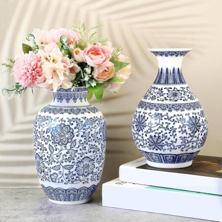 2-Piece 9-Inch Blue and White Porcelain Vase Set