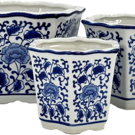 3-Piece Blue and White Hexagonal Floral Ceramic Planter Set